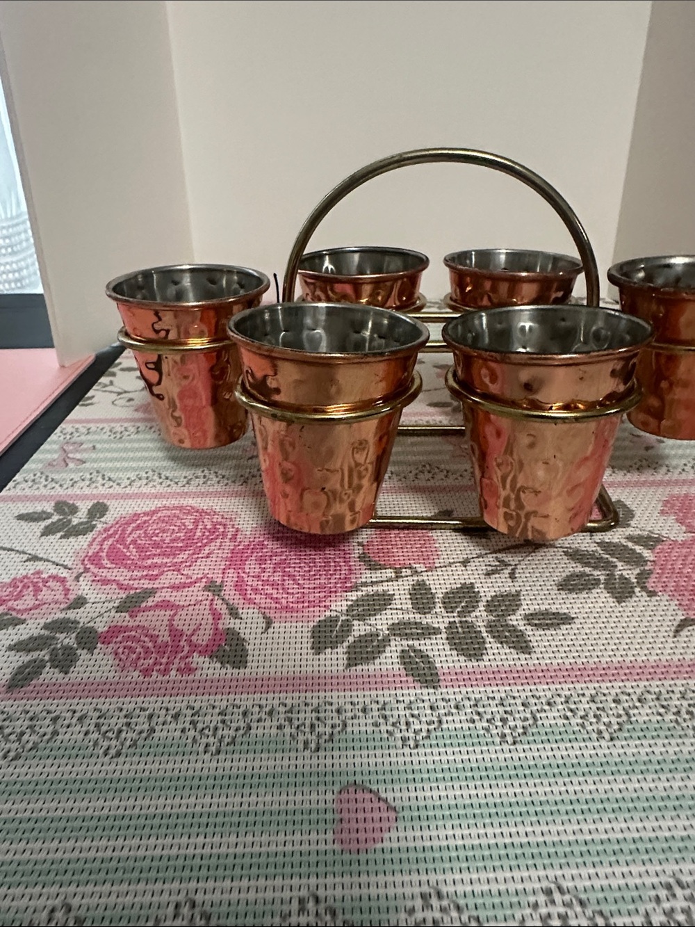 Vintage Copper-Tone Hammered Shot Glass Metal Set with Carrier
